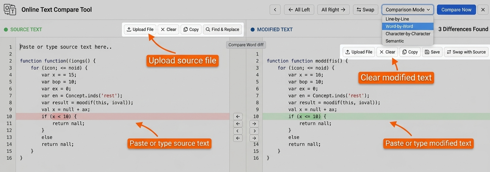 Text comparison visual guide showing side by side diff